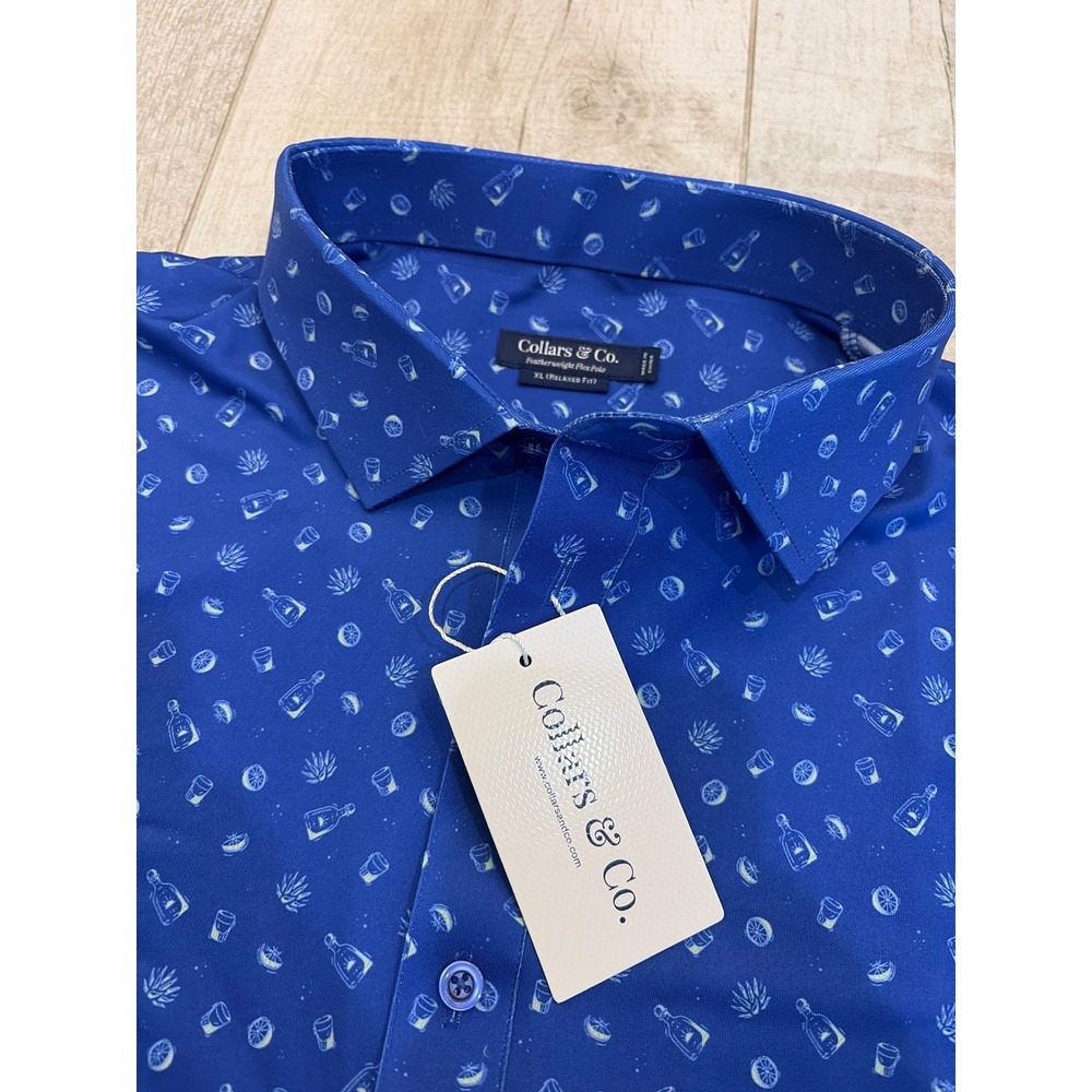 Collars & Co Mens XL Featherweight Flex Polo Shirt Blue Tequila Agave Print NWT